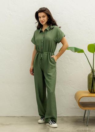 Женский летний комбинезон, штаны и рубашка, льняной. зеленый  s-m10 фото