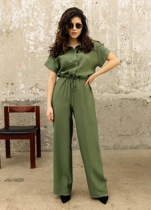 Женский летний комбинезон, штаны и рубашка, льняной. зеленый  s-m3 фото