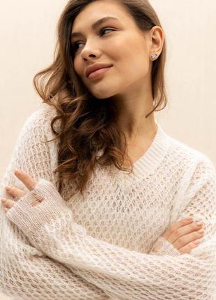 Прозрачный женский свитер-накидка, с крупной вязкой и декоративными дырками. белый s-xxl5 фото