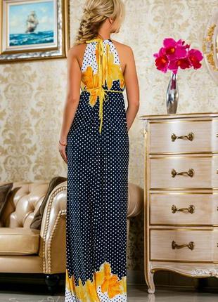 Літнє довге плаття в підлогу без рукавів, горошок з жовтим квітковим принтом. синє s-m4 фото