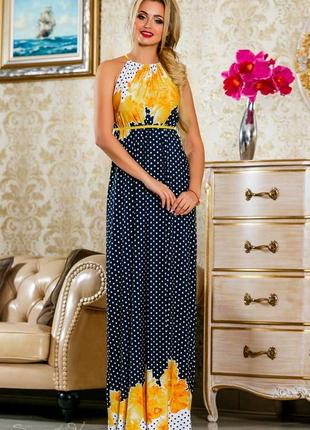 Літнє довге плаття в підлогу без рукавів, горошок з жовтим квітковим принтом. синє s-m2 фото