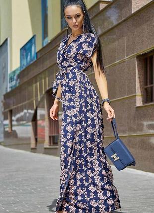 Летнее длинное платье в пол на запах с цветочным принтом, прямое, синее s4 фото
