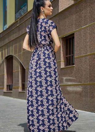 Летнее длинное платье в пол на запах с цветочным принтом, прямое, синее s5 фото