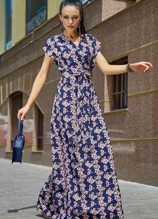 Летнее длинное платье в пол на запах с цветочным принтом, прямое, синее s3 фото