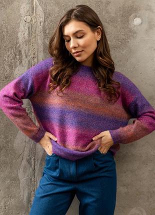 Женский свитер с длинными рукавами и круглой горловиной. свободный. полосатый. сиреневый s-xl