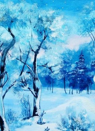 Живопись картина маслом, зимний пейзаж  "в заснеженном лесу" 35 х 256 фото