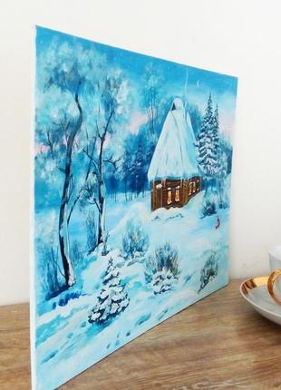 Живопись картина маслом, зимний пейзаж  "в заснеженном лесу" 35 х 252 фото