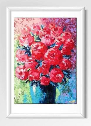 Картина полуабстрактная импасто,  букет цветов бордовые пионы