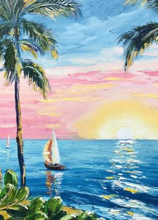 Картина маслом, морской пейзаж "закат на гавайях"7 фото