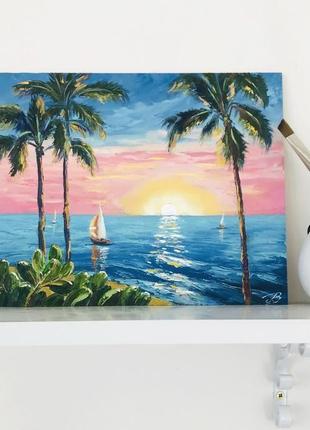 Картина олією, морський пейзаж "захід сонця на гаваях"6 фото