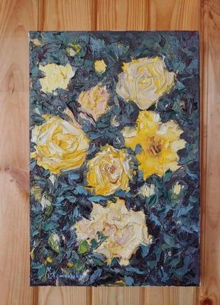 Авторская картина маслом "желтые розы". 30х20. холст на подрамнике4 фото