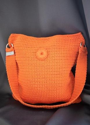 Оранжевая сумка-шоппер с длинной ручкой. ручная работа.1 фото