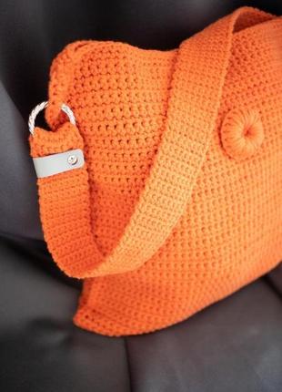 Оранжевая сумка-шоппер с длинной ручкой. ручная работа.10 фото