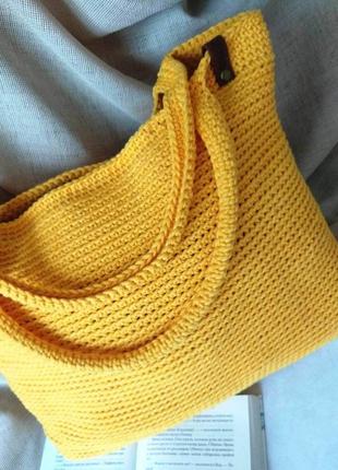 Вязаный жёлтый шоппер (пляжная сумка, сумка-тоут). ручная работа.5 фото