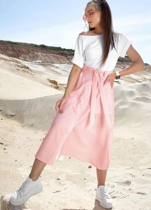 Женская летняя юбка миди, свободная, на пуговицах. натуральная ткань. хлопок. розовая в полосочку s