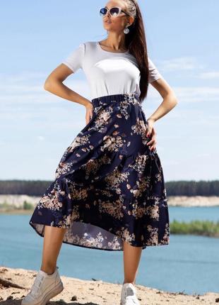 Женская летняя юбка миди из рюш, свободная, легкая, с цветочным принтом. на резинке. синяя s3 фото