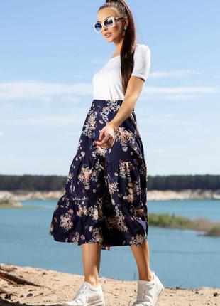 Женская летняя юбка миди из рюш, свободная, легкая, с цветочным принтом. на резинке. синяя s2 фото