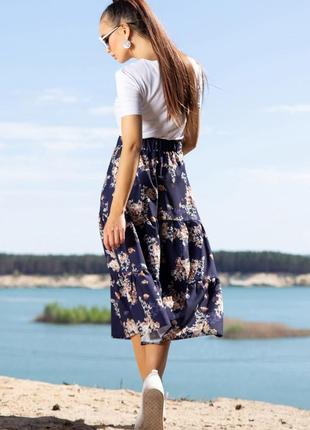 Женская летняя юбка миди из рюш, свободная, легкая, с цветочным принтом. на резинке. синяя s4 фото