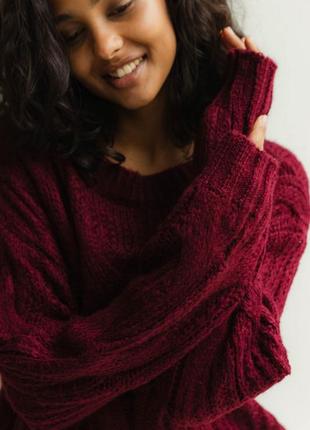 Жіночий светр, джемпер з великою в'язкою. універсальний розмір. оверсайз. марсала, бордо un6 фото
