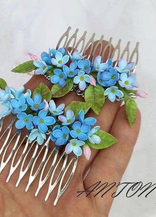 Гребінець з блакитними квітами, гребінець для волосся2 фото
