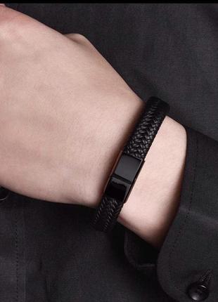 Кожаный мужской чёрный браслет (11001)6 фото