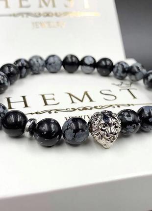 Браслет из снежного обсидиана с серебристым львом