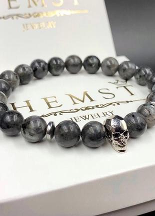 Браслет з лабрадориту з сріблястим черепом (14017)