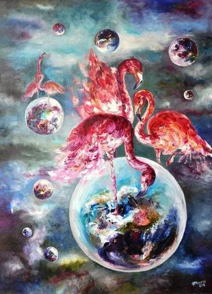 «фламинго», картина маслом, 80х60см, космос1 фото