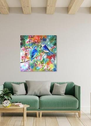 Картина олійними фарбами "весняна казка", пташки живопис  мастихіном, 60х60 см5 фото