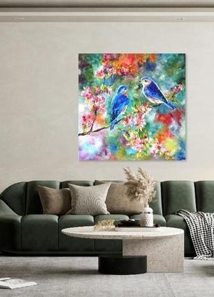 Картина олійними фарбами "весняна казка", пташки живопис  мастихіном, 60х60 см8 фото