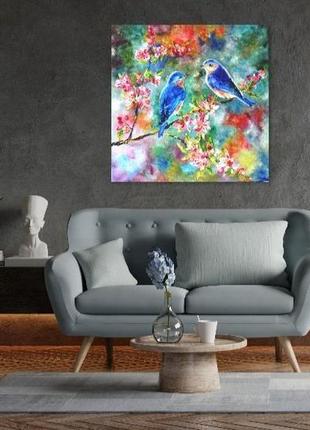 Картина маслом "весенняя сказка", птицы в живописи, живопись мастихином, 60х60 см4 фото