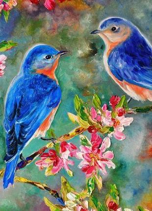 Картина маслом "весенняя сказка", птицы в живописи, живопись мастихином, 60х60 см3 фото