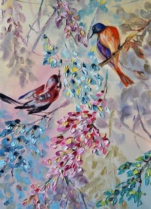 Картина маслом "в саду", птахи живопис, 50х30 см