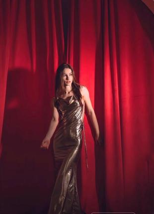 Довга сукня з відкритою спиною для фотосесії золота сукня