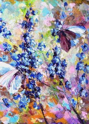 Картина маслом "в блакитних травах" 60х80 см квіти живопис олією
