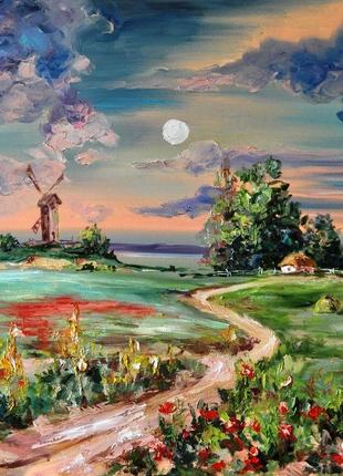 Картина масляными красками "вечерняя заря встаёт" пейзаж живопись 60х60 см1 фото