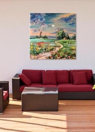 Картина олійними фарбами "вечірня зіронька встає" пейзаж живопис 60х60 см