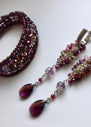 Браслет і сережки зі срібла, натуральних каменів swarovski