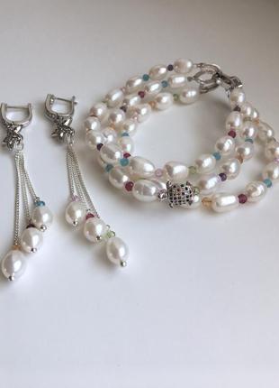 Комплект: браслет і сережки з перлів і кольорових самоцвітів1 фото