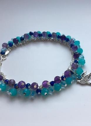 Срібний браслет "птах щастя" з натуральними каменями і підвіскою