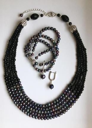 Комплект: кольє,браслет,сережки "місячна соната" з перлів і агата1 фото