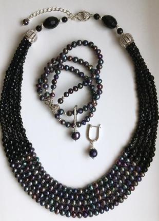 Комплект: кольє,браслет,сережки "місячна соната" з перлів і агата7 фото