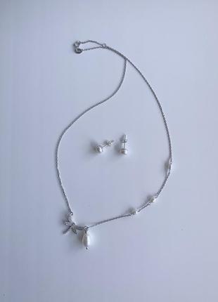 Срібний комплект колье та сережки з натуральних перлів "політ стрікози""2 фото