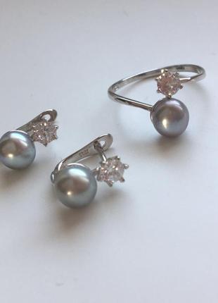 Срібний стильний набір сережки і кільця з рідкісним перлами "аліса"