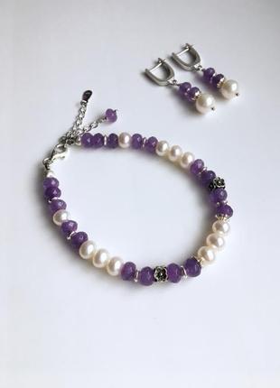 Срібний комплект: браслет і сережки з натуральних перлів і кварцу "квіткова фантазія"5 фото