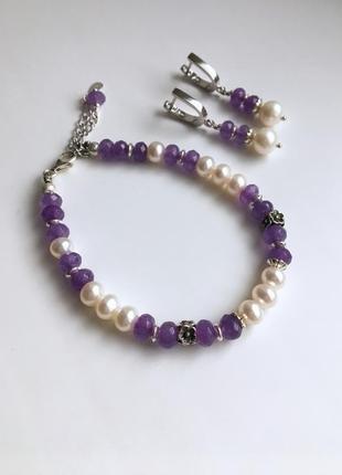 Срібний комплект: браслет і сережки з натуральних перлів і кварцу "квіткова фантазія"6 фото