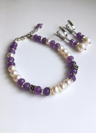 Срібний комплект: браслет і сережки з натуральних перлів і кварцу "квіткова фантазія"2 фото