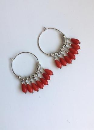 Серебряные серьги креолы из натурального коралла