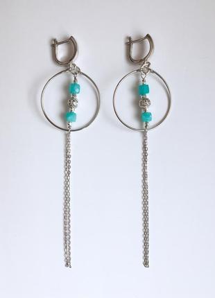 Серебряные серьги из бирюзового амазонита с цепочками "рижское взморье"