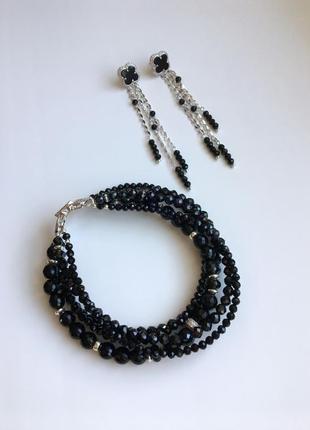 Сребряный комплект браслет і сережки з чорних каменів онікс, агат, шпінель "елегантність"7 фото